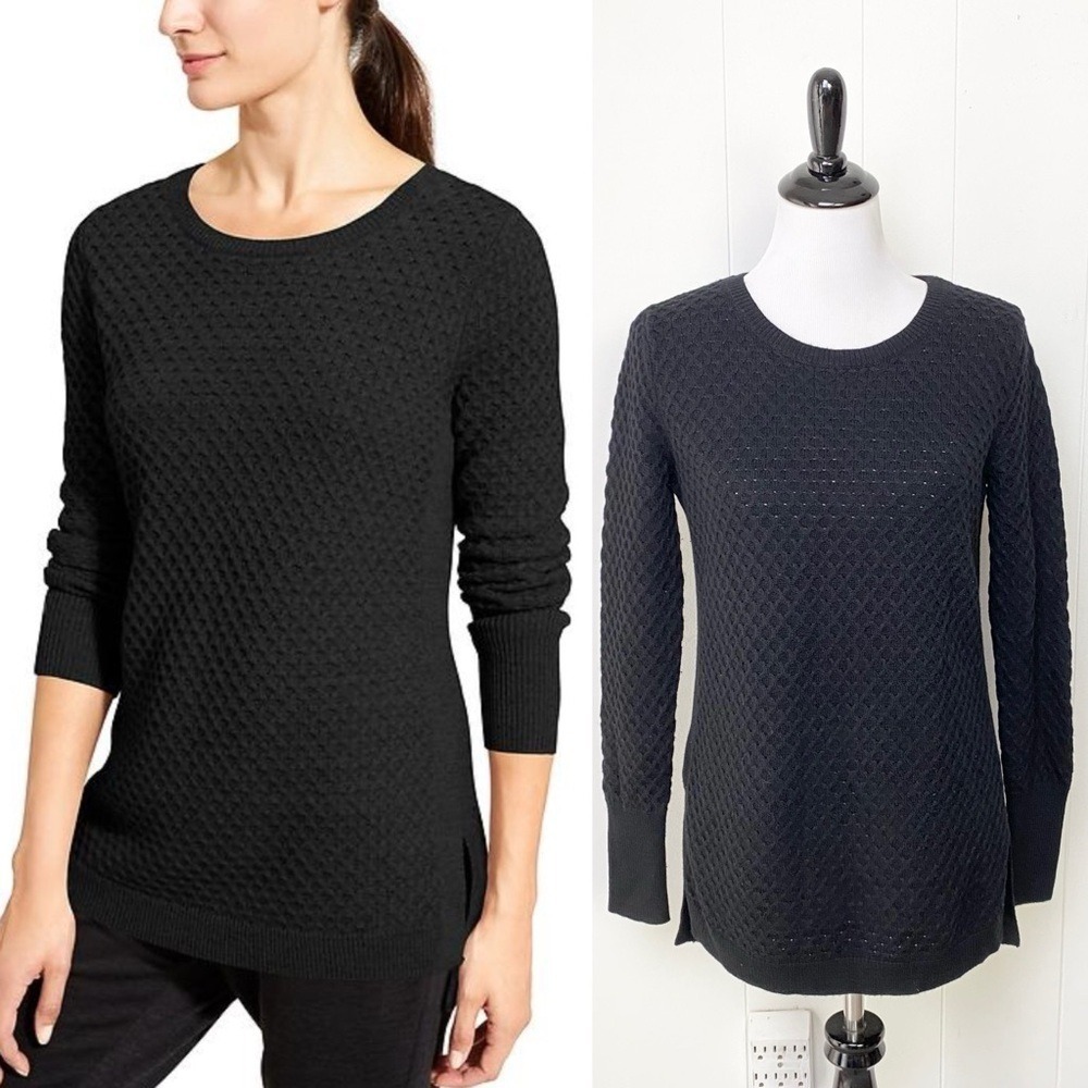 Athleta Womens Sz S Honeycomb Tunic Sweater Black Merino Wool Pullover 350241